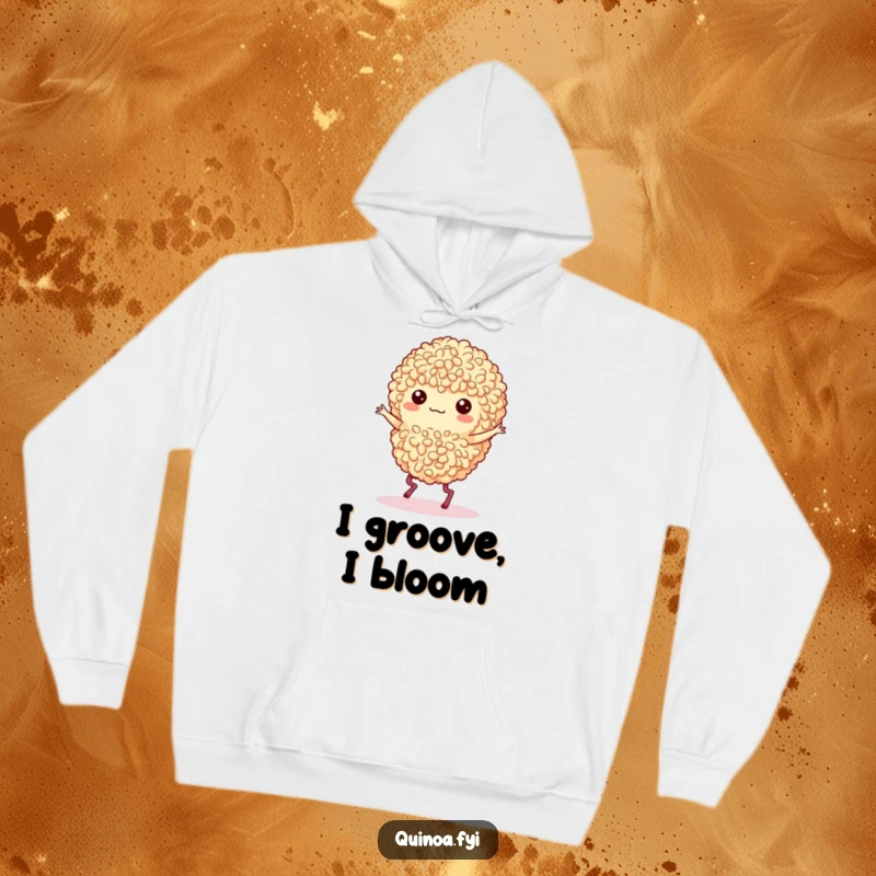 Funny hoodie featuring a dancing quinoa cluster with little legs doing a cheerful jig.