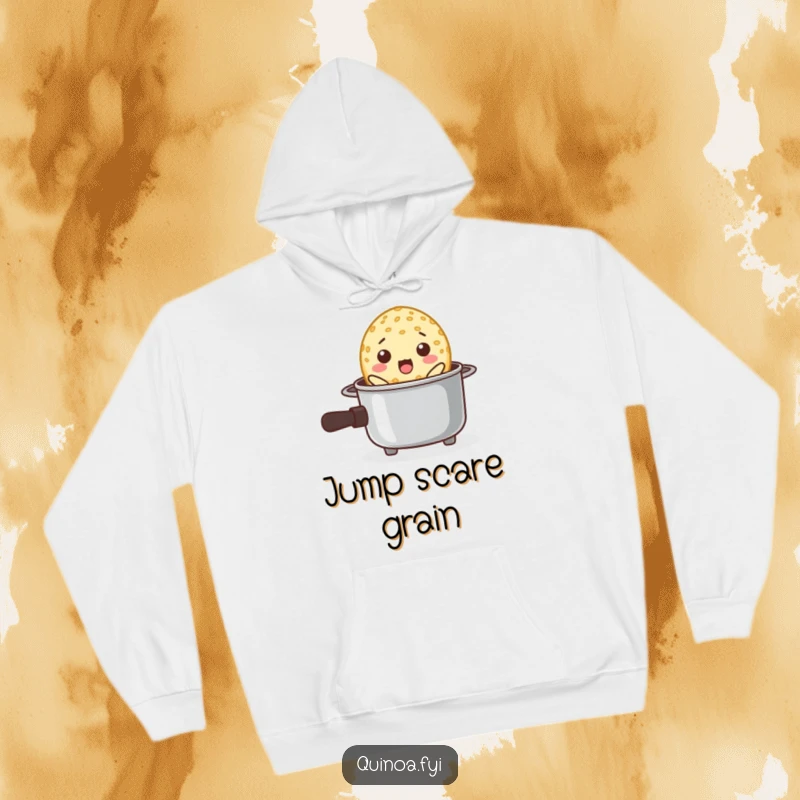 Funny hoodie illustrating a surprised quinoa grain popping out of a miniature cooking pot, a bit of kitchen drama.