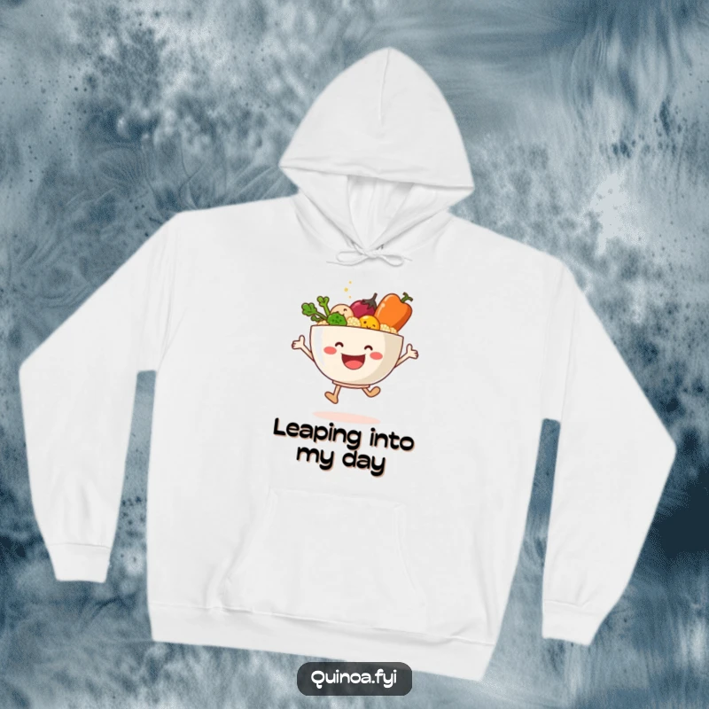 Funny hoodie featuring a smiling bowl of quinoa and vegetables mid-leap, embodying healthy happiness.