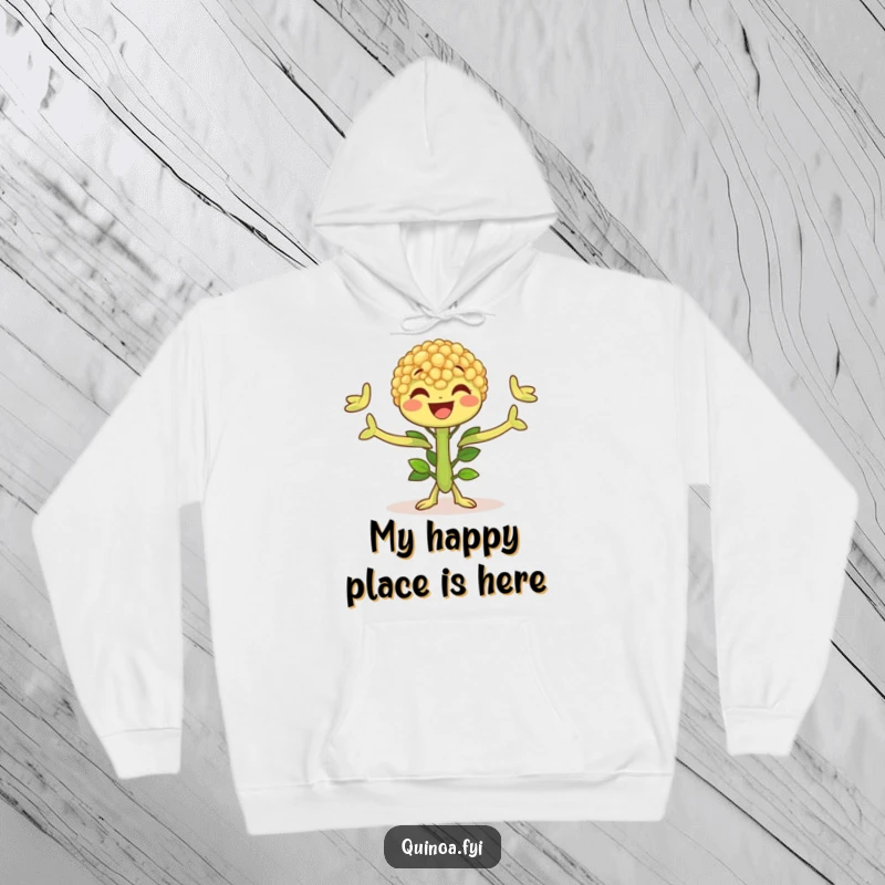 Funny Quinoa Plant Hoodie featuring a joyful character with arms wide open, embodying comfort and happy, healthy living.