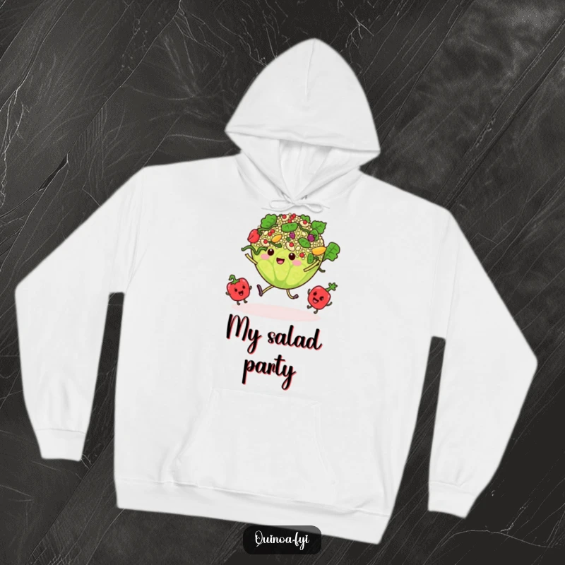 Funny hoodie illustrating a quinoa salad in mid-dance, with tiny, happy vegetable characters swaying along.