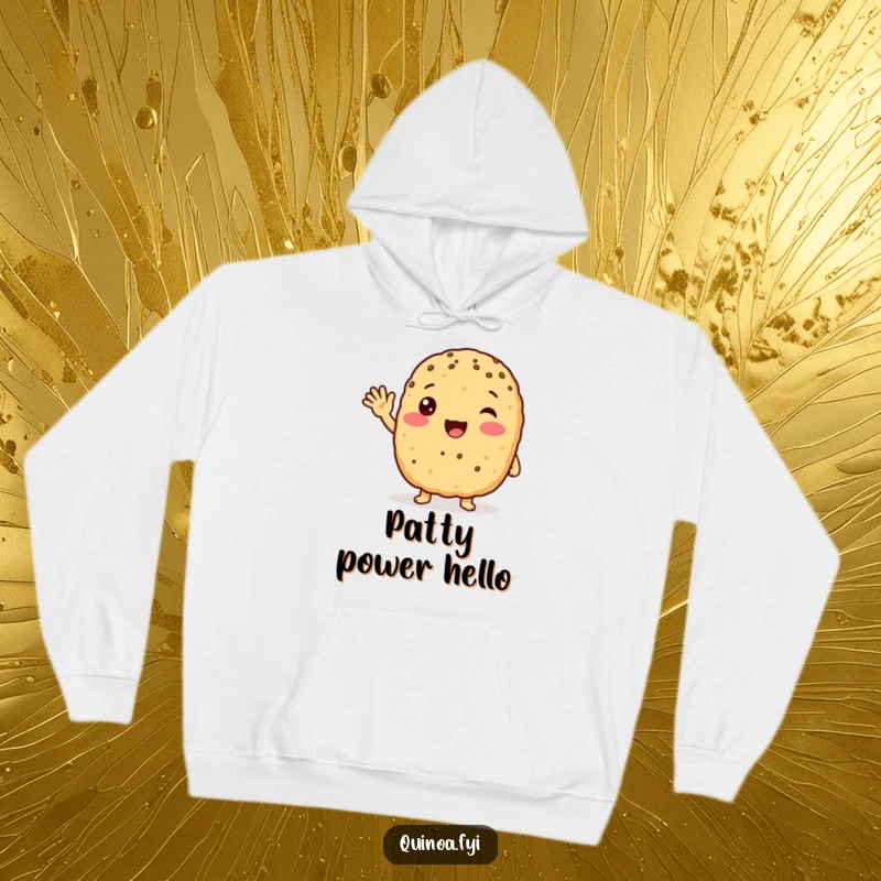 Funny anthropomorphic quinoa patty with a friendly wave, looking excited on a cozy hoodie, perfect for spreading warmth.