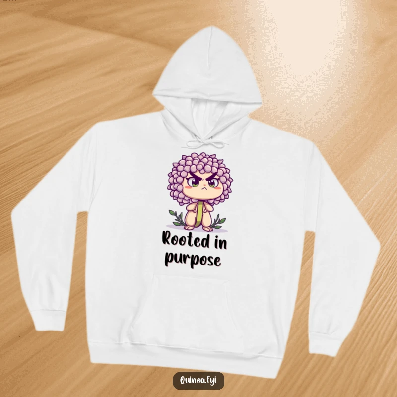 Funny hoodie featuring a determined quinoa sprout standing tall with a resolute expression, symbolizing inner strength and unwavering spirit.