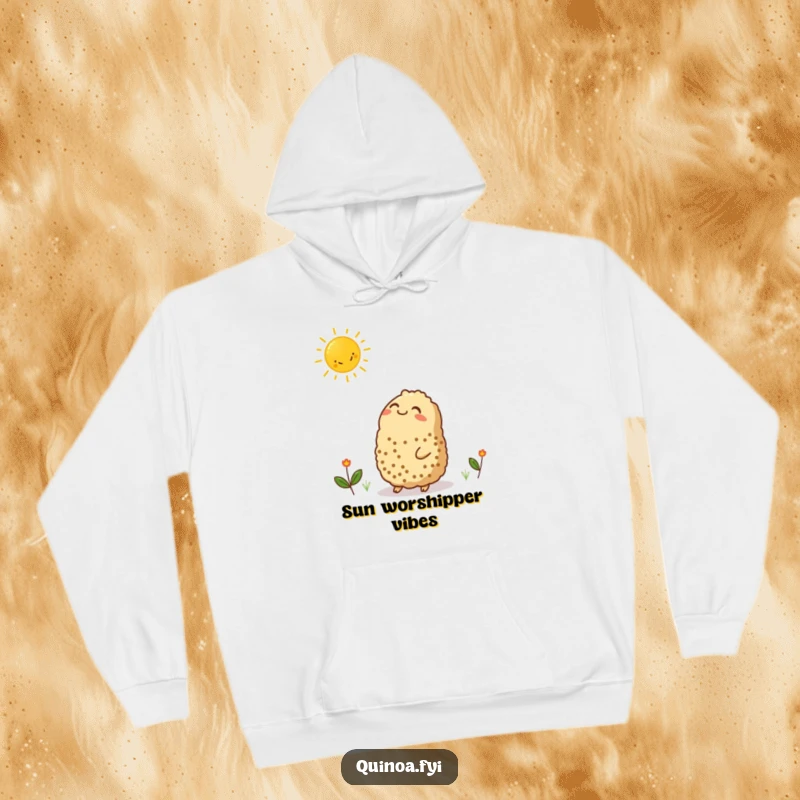 Funny hoodie featuring a contented quinoa character looking up at a smiling sun graphic, offering warmth and a dose of cheerful sunshine.