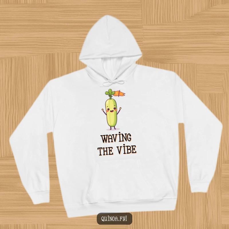 Funny hoodie showcasing a delighted anthropomorphic vegetable stick waving a tiny flag, perfect for cozy celebrations and cheerful vibes.