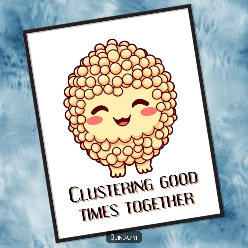 Funny Free Printable Wall Art: Quinoa Cluster character with a bold, cheeky grin, ready to amuse.