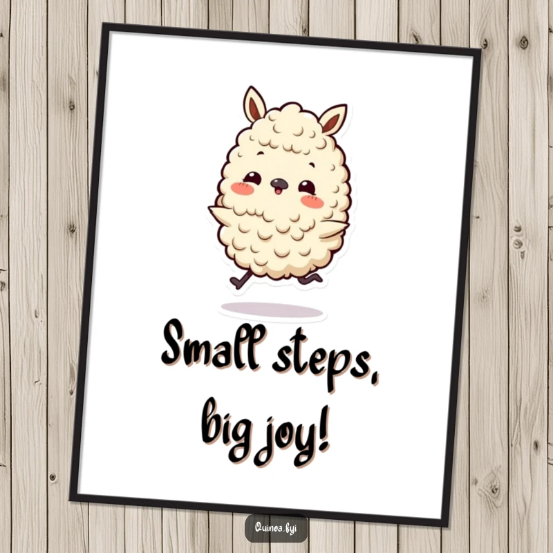 Funny Free Printable Wall Art: Tiny-legged quinoa character happily skips, bringing playful energy to the room.