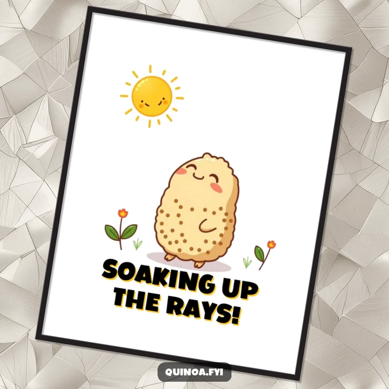 Funny Free Printable Wall Art: Contented quinoa character looks up lovingly at a smiling, radiant sun graphic.