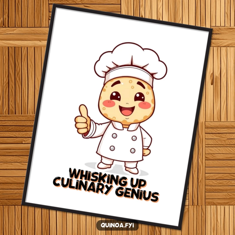 Funny Free Printable Wall Art: A smiling quinoa chef character giving a cheerful thumbs up, quirky downloadable decor.