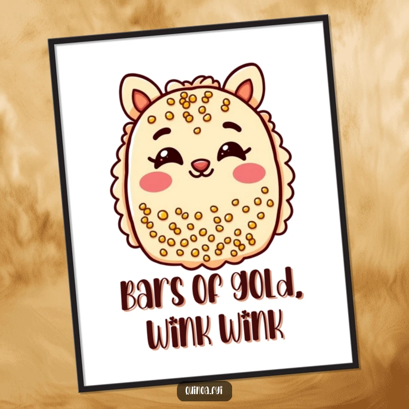 Funny Free Printable Wall Art: A cheerful quinoa bar winks with smiling eyes, playful and quirky downloadable decor.