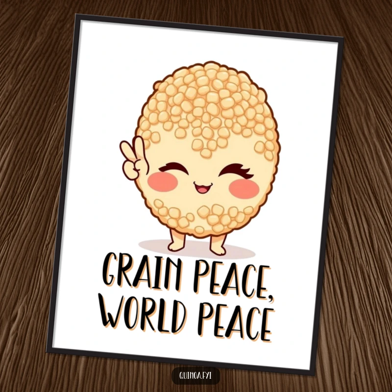 Funny Free Printable Wall Art: A cool, winking quinoa grain proudly displays a peace sign, adding a healthy and humorous vibe to any room.
