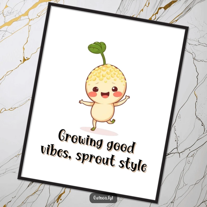 Funny Free Printable Wall Art: Quinoa Sprout character in mid-hop, radiating cheer and positive energy.