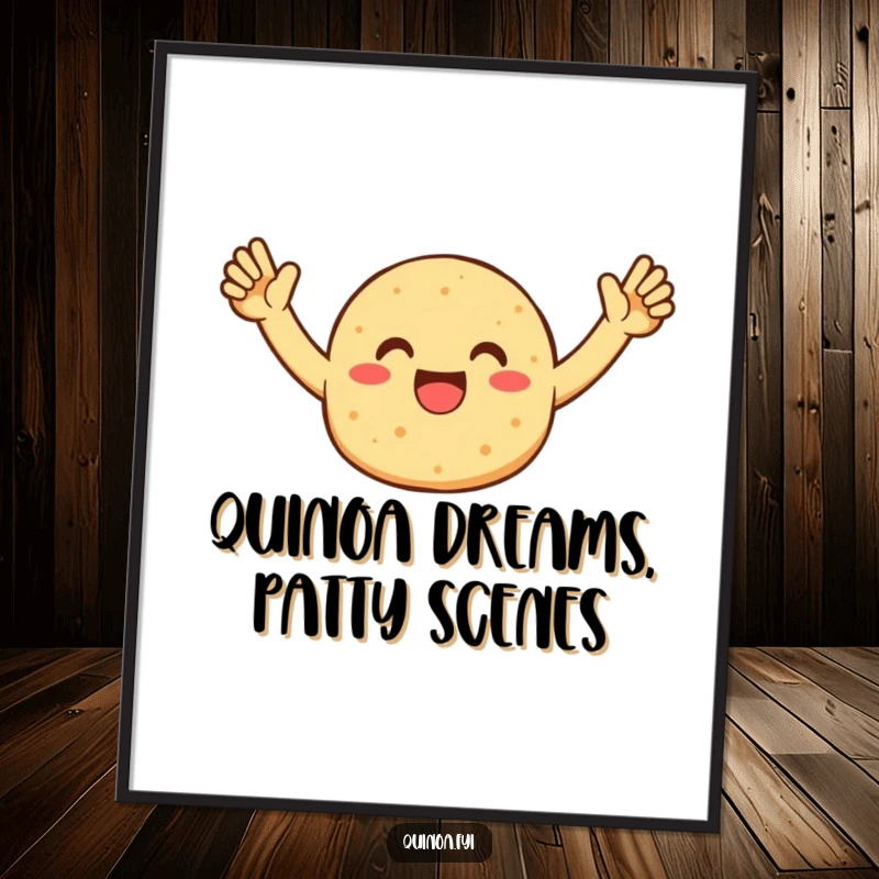 Funny Free Printable Wall Art: Quinoa Patty heroically raising arms in a joyous, celebratory pose.