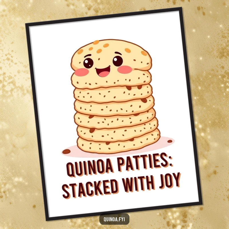 Funny Free Printable Wall Art: a stack of delighted quinoa patties wiggling with glee, perfect for a fun kitchen vibe.