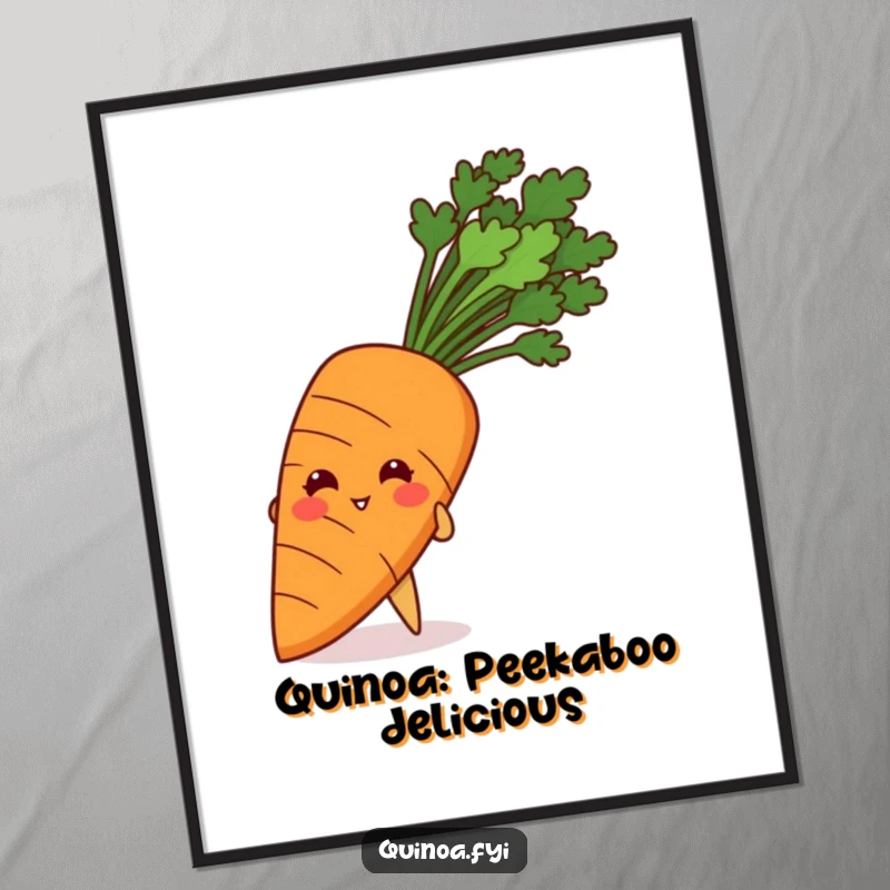 Funny Free Printable Wall Art: Giggling Quinoa Grain Peeking from Behind a Giant Carrot