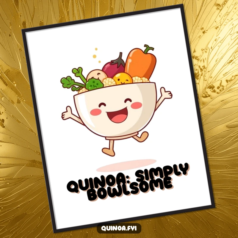 Funny Free Printable Wall Art: Smiling Quinoa Bowl and Veggies Performing a Joyful Leap