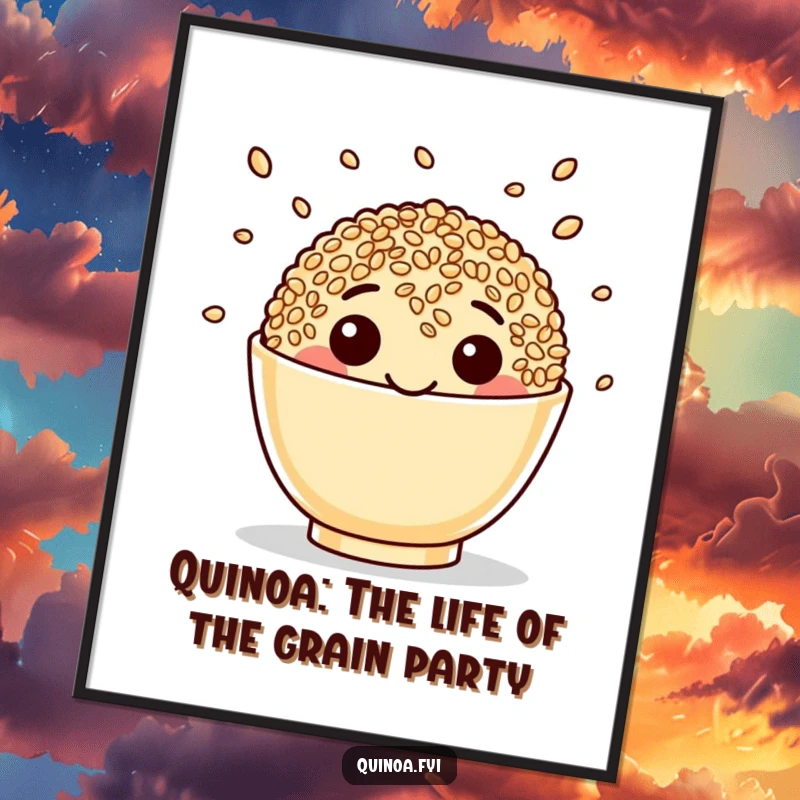 Funny Free Printable Wall Art: a beaming quinoa cup juggling seeds, adding healthy humor to any room, downloadable.