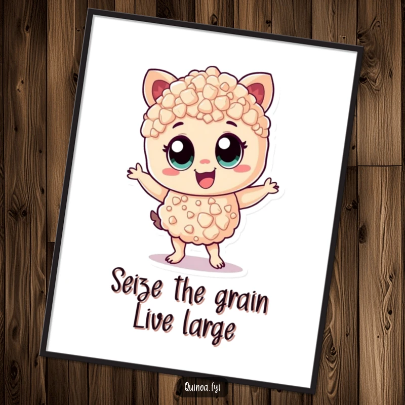 Funny Free Printable Wall Art of a cheerful quinoa character dancing with wide eyes and zest, a vibrant DIY downloadable art piece.