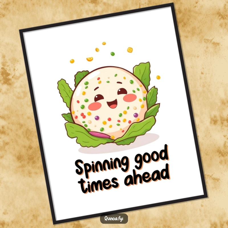 Funny Free Printable Wall Art: A happy quinoa salad with a cheerful expression doing a delightful spin, downloadable decor.