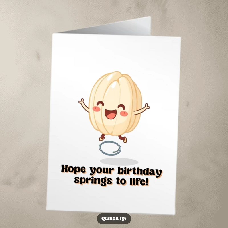 Funny Free Printable Birthday Card: Smiling Rice Grain Joyfully Bouncing High on a Spring