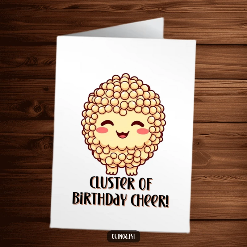 Funny Free Printable Birthday Card: Smiling Quinoa Cluster character with a wide, cheeky grin.