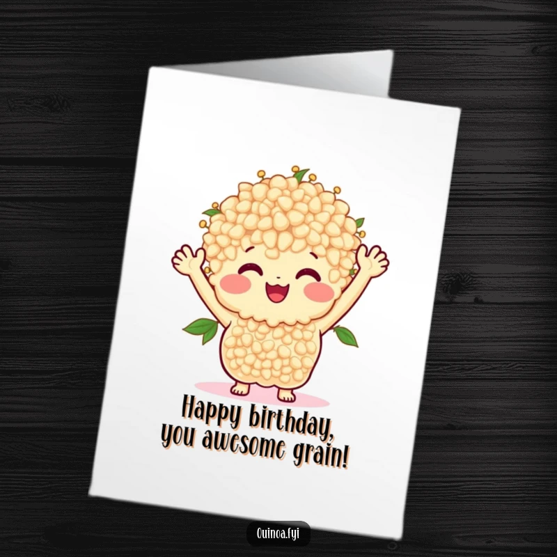 Funny Free Printable Birthday Card: A cheerful bunch of anthropomorphic quinoa grains with arms waves happily together.