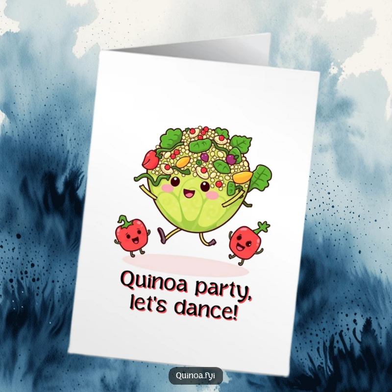 Funny Free Printable Birthday Card: A lively quinoa salad dances with joy as tiny vegetable characters sway along to the festive beat.