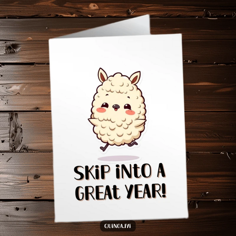 Funny Free Printable Birthday Card: Tiny-legged quinoa character joyfully skips along, spreading birthday cheer.