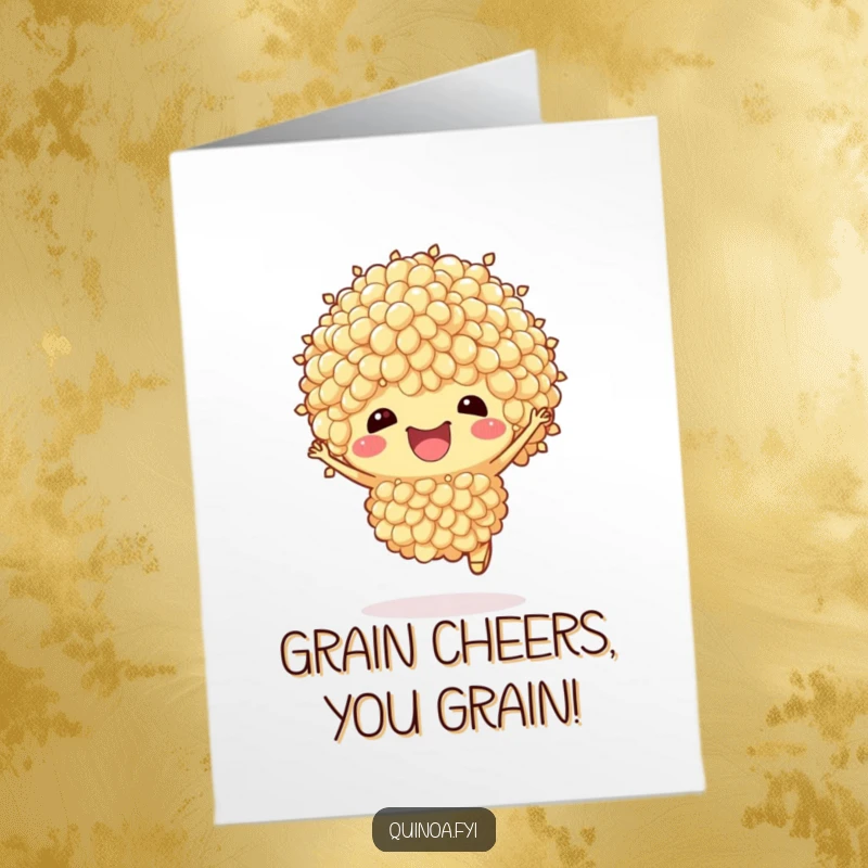 Funny Free Printable Birthday Card: Happy Quinoa cluster hopping with joy and confetti, perfect for a hilarious DIY gift.