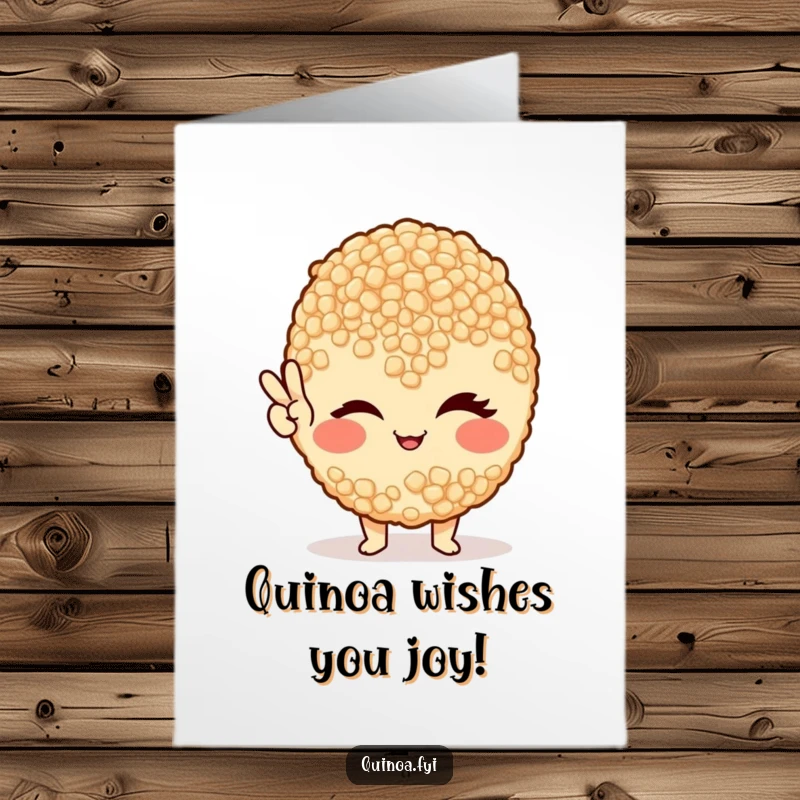 Funny Free Printable Birthday Card: A single, winking quinoa grain gleefully flashes a peace sign, offering a healthy and happy birthday wish.
