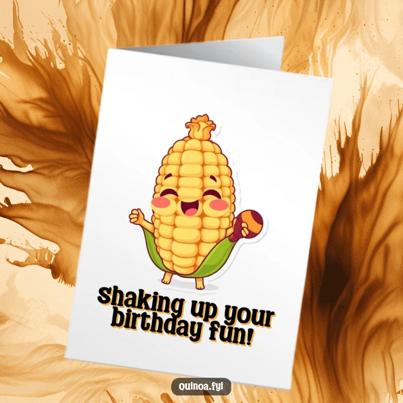 Funny Free Printable Birthday Card: Happy Corn Kernel Energetically Playing Maracas