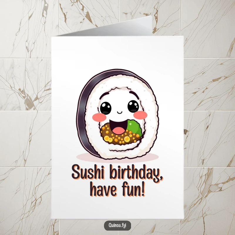 Funny Free Printable Birthday Card: A happy sushi roll character with a quinoa filling beams with a big smile, spreading birthday cheer.