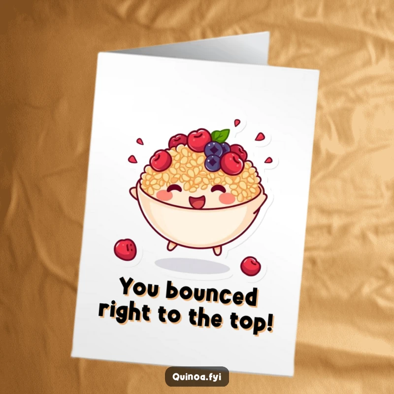 Funny Free Printable Congratulations Card: A joyful bowl of quinoa and berries bounces energetically to celebrate your achievement.