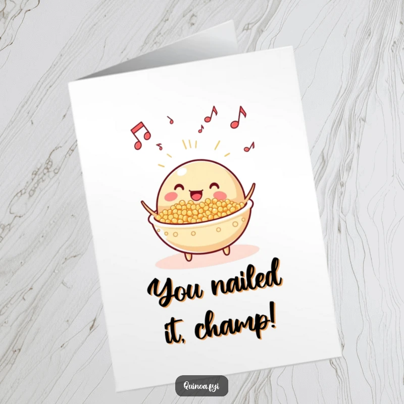 Funny free printable congratulations card showing a joyful anthropomorphic quinoa dish with musical notes swirling around it, radiating happiness.