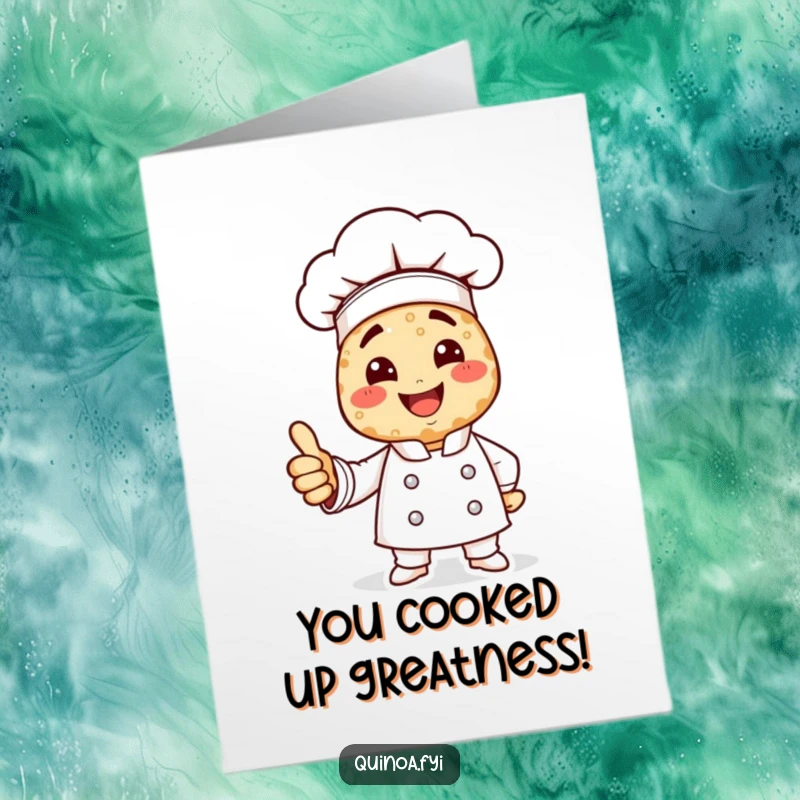 Free Printable Congratulations Card: A smiling quinoa chef character gives a big thumbs up, a funny downloadable surprise.