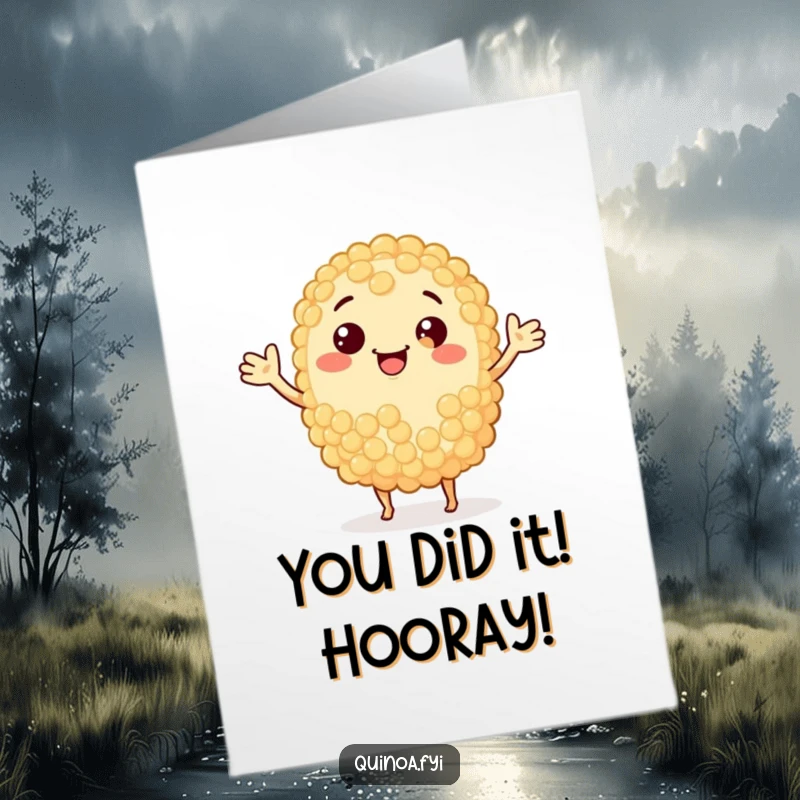 Funny Free Printable Congratulations Card: A smiling anthropomorphic quinoa grain waves hello, celebrating your big achievement.