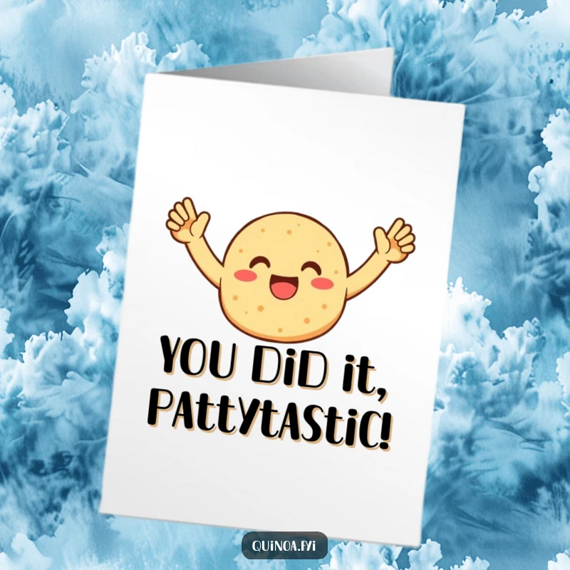 Funny Free Printable Congrats Card: Quinoa Patty with arms up, embodying pure celebratory joy and excitement.