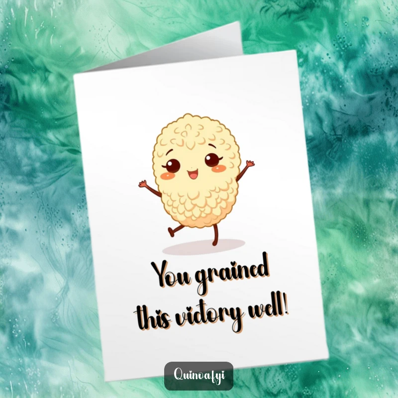 Funny Free Printable Congratulations Card: A happy quinoa grain with legs joyfully dances a celebratory jig for your success.