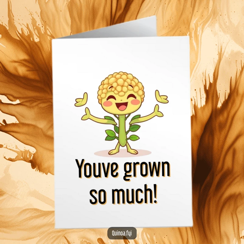 Free Printable Congratulations Card: A cheerful quinoa plant character with leafy arms outstretched in a celebratory pose.