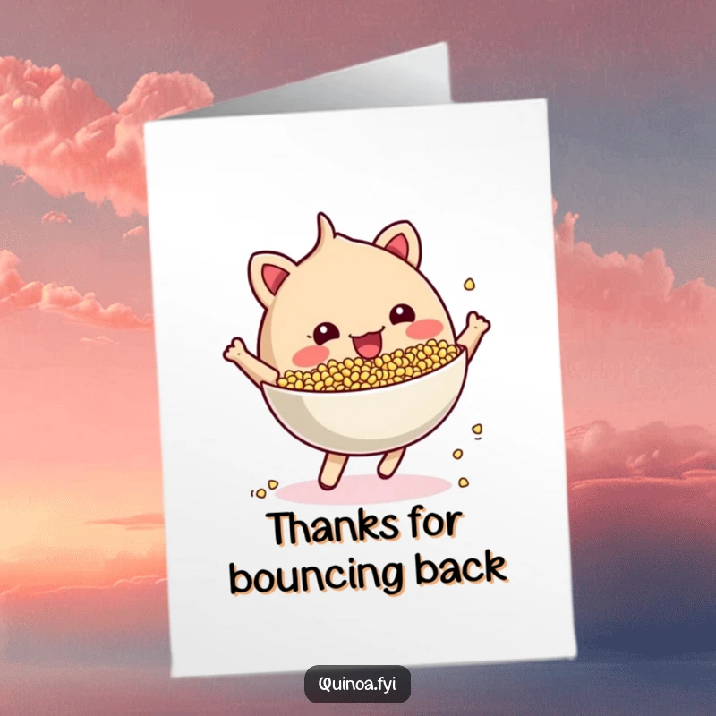 Funny free printable thank you card featuring a cheerful anthropomorphic quinoa bowl bouncing energetically, conveying lively appreciation.