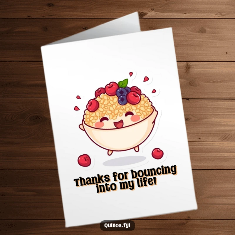 Funny Free Printable Thank You Card: A smiling bowl of cooked quinoa with berries bounces happily to convey thanks.