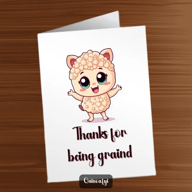 Funny Free Printable Thank You Card featuring a cheerful dancing quinoa character, a delightful DIY downloadable gift.