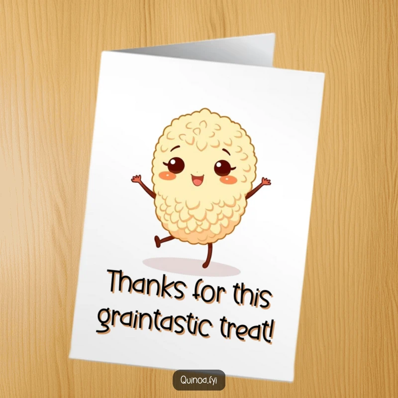 Funny Free Printable Thank You Card: A grinning quinoa grain with legs enthusiastically dances a jig to express thanks.