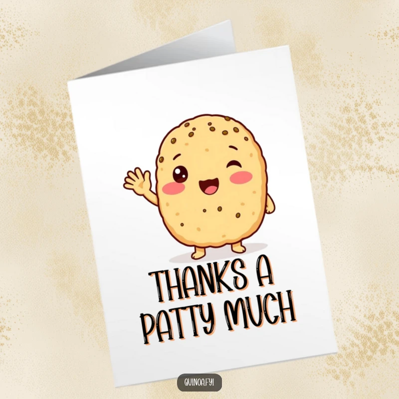 Funny free printable thank you card featuring an excited anthropomorphic quinoa patty offering a friendly wave, conveying warm thanks.