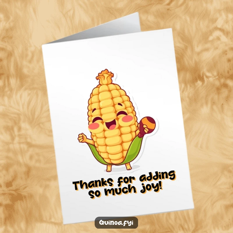 Funny Free Printable Thank You Card: Happy Corn Kernel Playing Maracas with Gusto