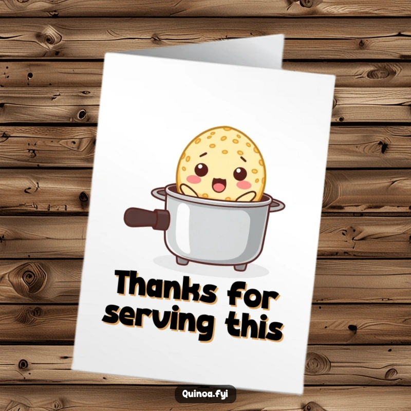 Funny Free Printable Thank You Card: A surprised quinoa grain emerges from a tiny pot, adding a humorous and unexpected touch to your thanks.