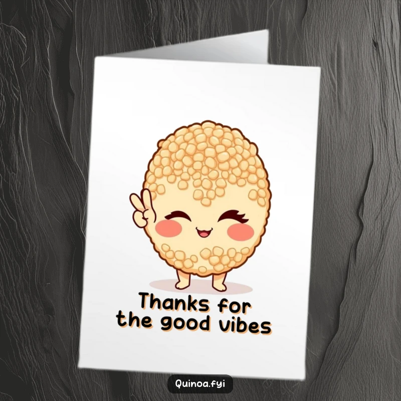 Funny Free Printable Thank You Card: A single, winking quinoa grain confidently offers a peace sign, expressing gratitude in a lighthearted way.