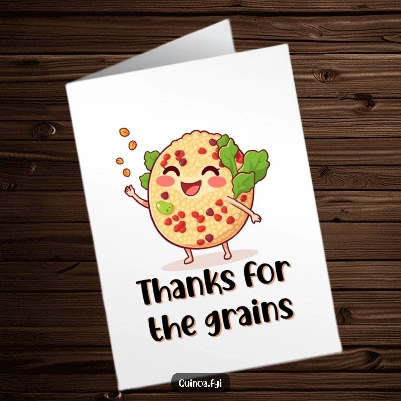 Funny free printable thank you card featuring a smiling anthropomorphic quinoa salad tossing a tiny grain, conveying playful gratitude.