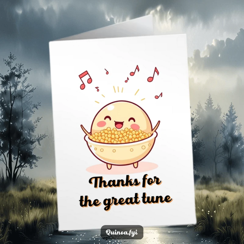 Funny free printable thank you card featuring a beaming anthropomorphic quinoa dish, with musical notes floating around, conveying cheerful gratitude.