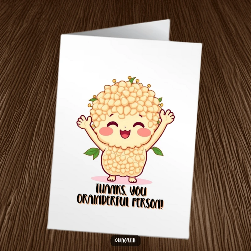 Funny Free Printable Thank You Card: A happy cluster of quinoa grains with arms joyfully waves to say thank you.